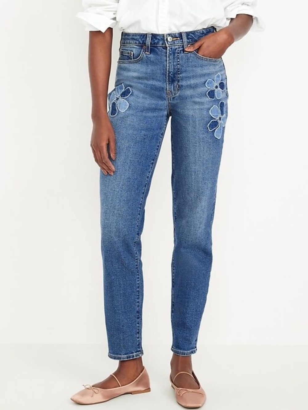 Old Navy High-Rise OG Straight Medium Wash Jeans with Floral Patch